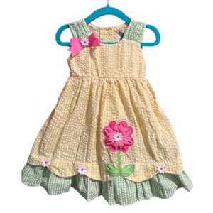 EUC Rare Editions Yellow/Green/Pink Embroidered & Embellished 2 pc Dress 18 Mos
